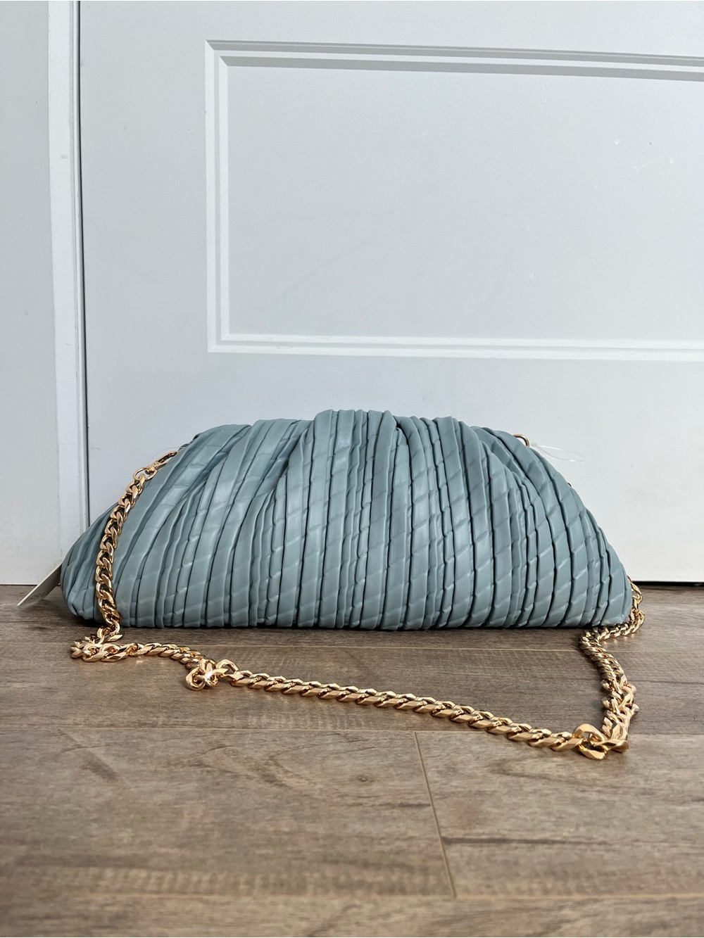 Urban Expressions Pleated Clutch in Dusty Blue with Gold Chain